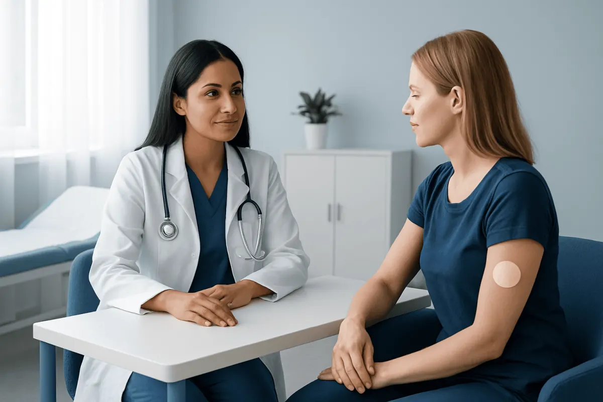 Doctor consulting a patient with a bandage on her arm in a medical office.