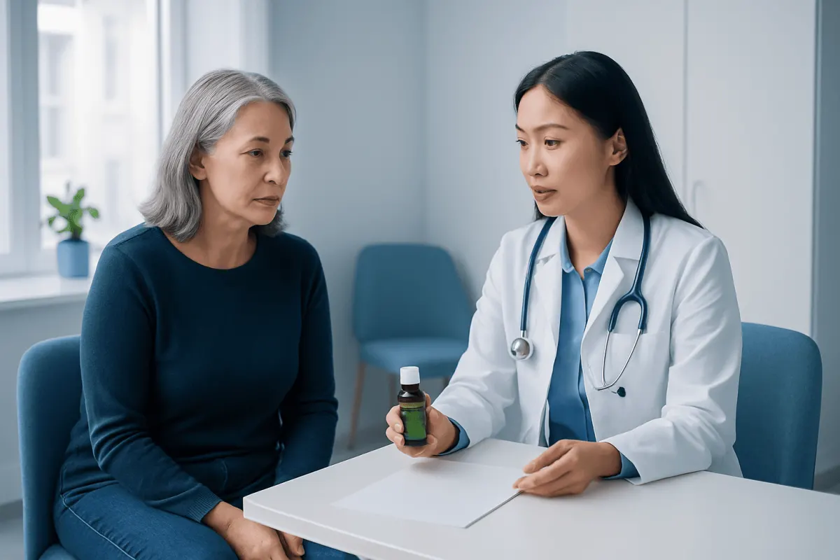 Doctor explaining peppermint oil benefits to an elderly patient in a clinic.
