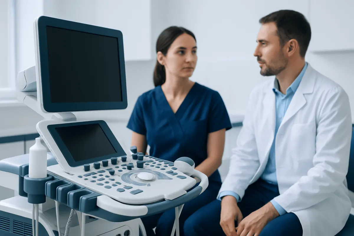 Medical consultation with ultrasound equipment at Acibadem Hospitals Group.