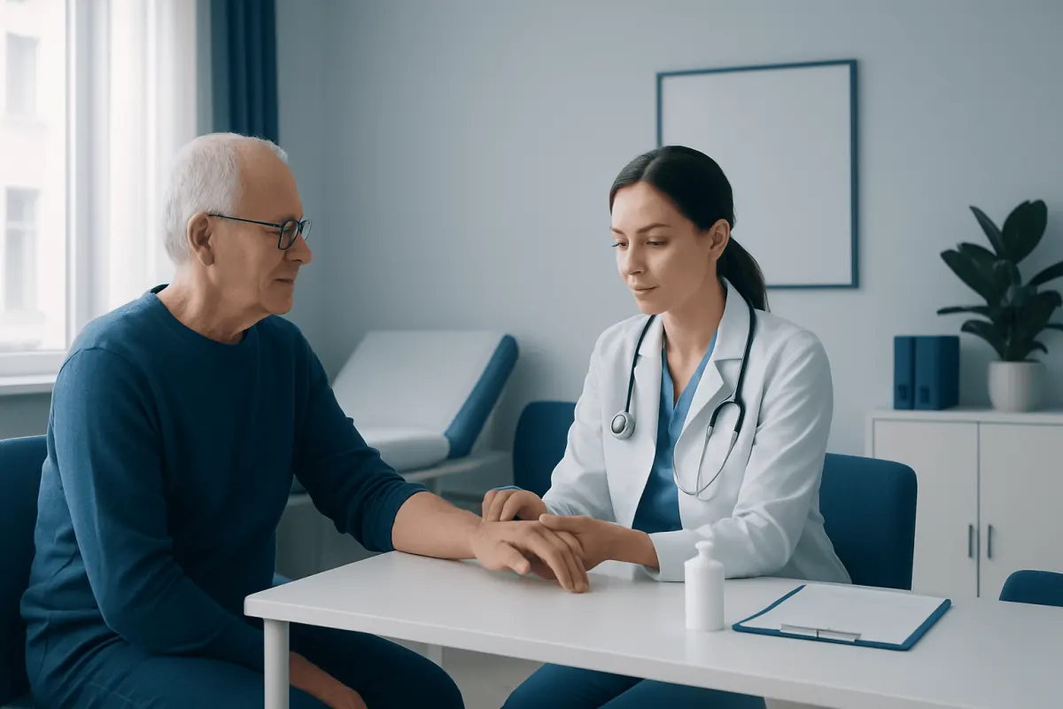 Doctor consulting with elderly patient in a modern hospital room.