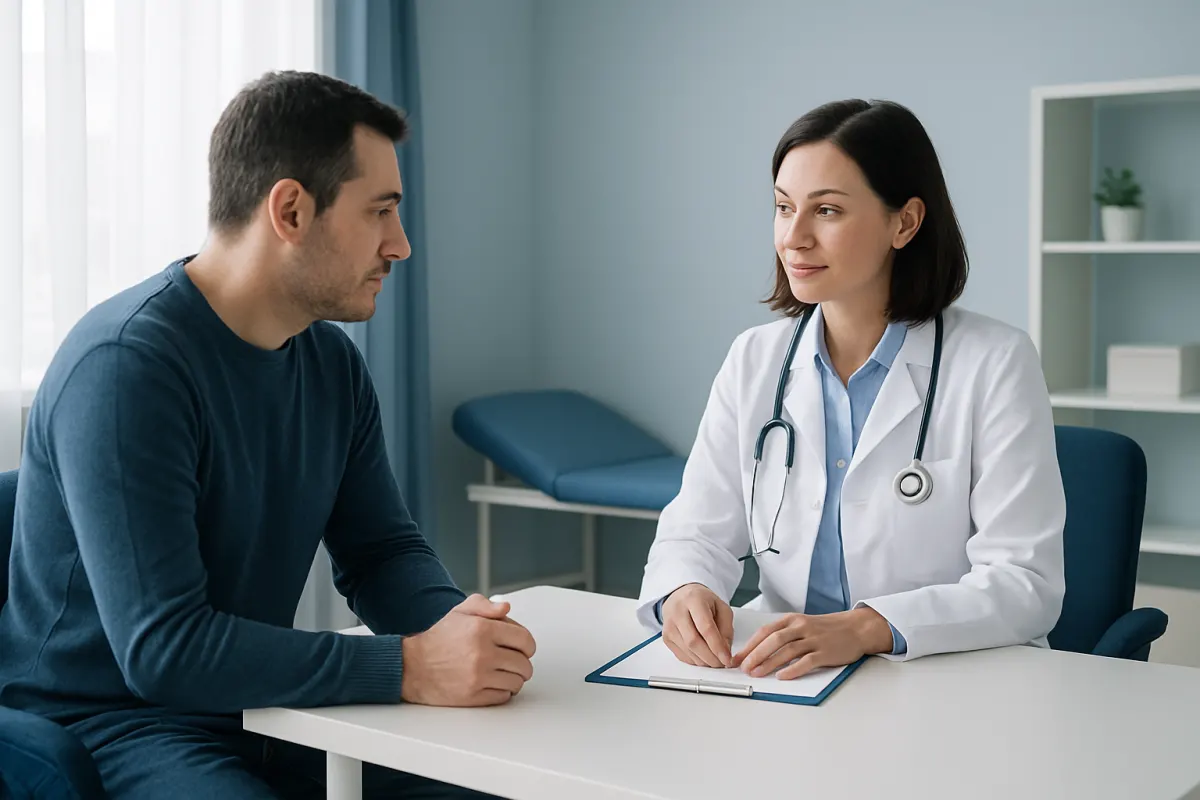 Doctor consulting with patient in a medical office setting.