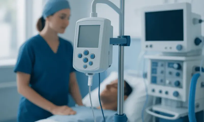 Medical professional monitoring patient with hospital equipment in a clinical setting.