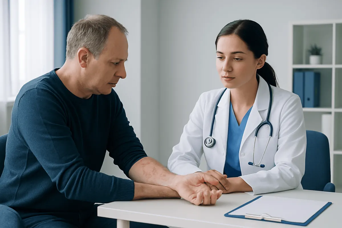 Doctor examining patient's arm for rash or hives symptoms.