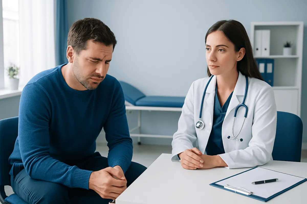 Doctor consulting with a male patient in a medical office.