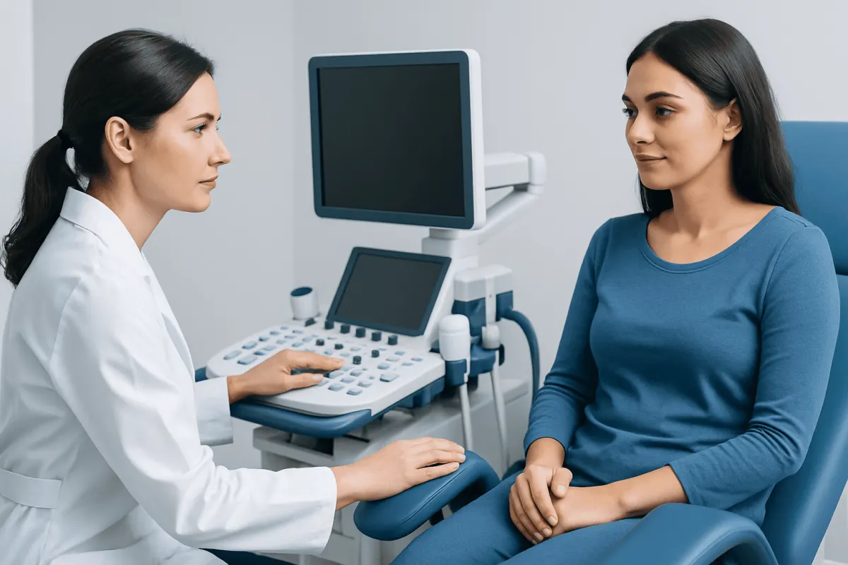Doctor performing an ultrasound exam on a female patient in a clinic.