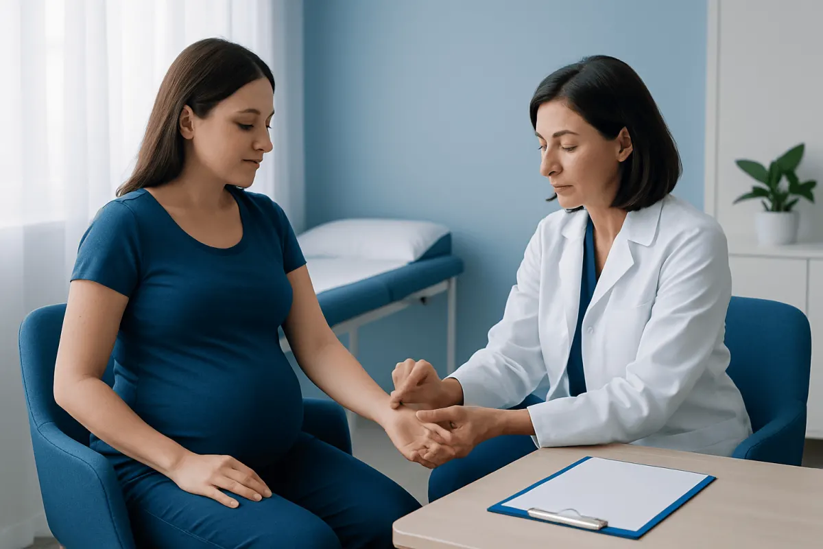 Pregnant woman consulting with doctor in a medical office.