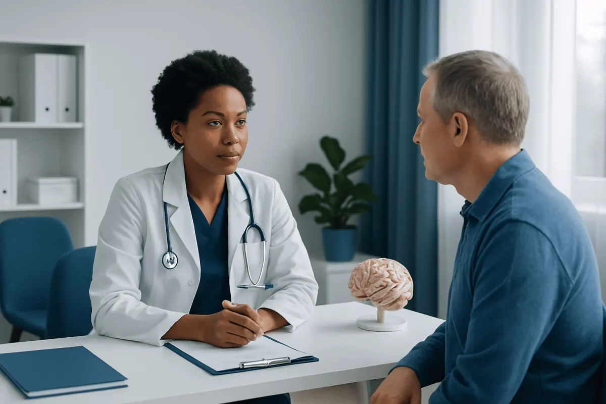 Doctor consulting with a patient about brain health in a modern clinic.