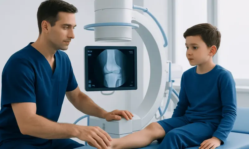 Pediatric orthopedic specialist examining a child's knee with X-ray imaging.