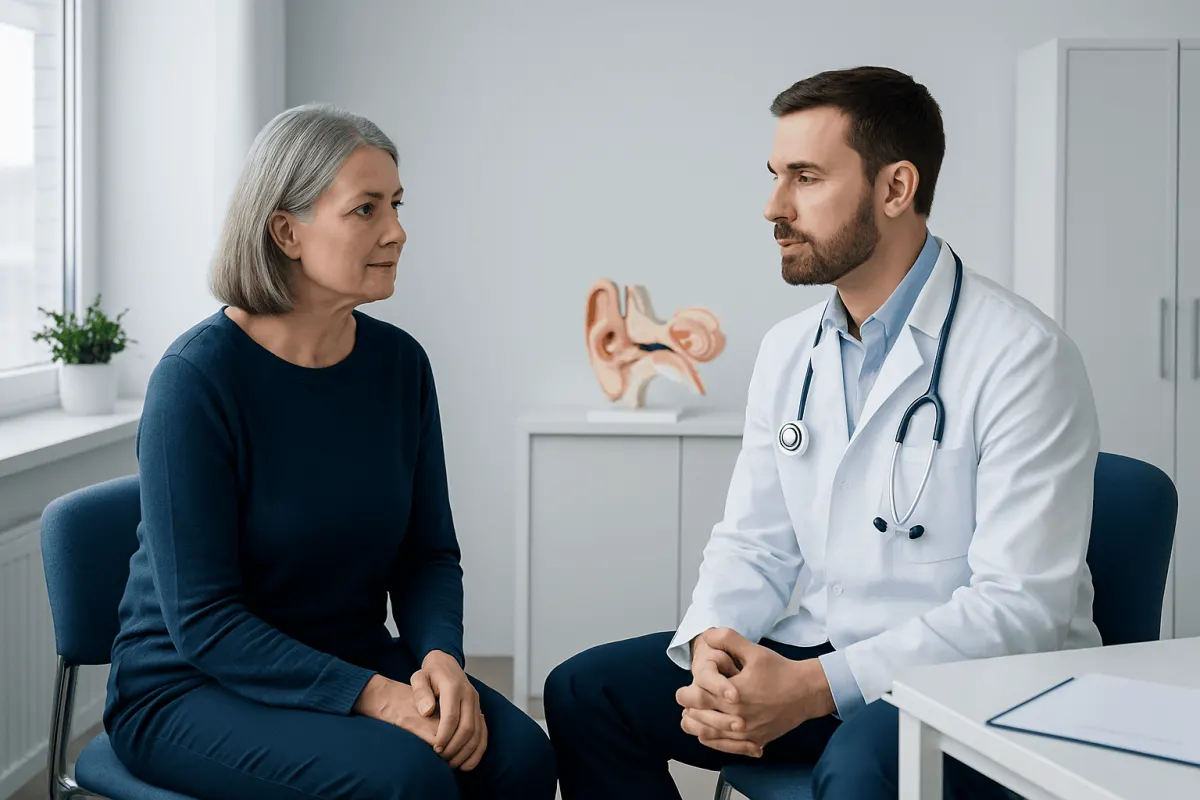 Otologist consulting with a patient in a medical office.