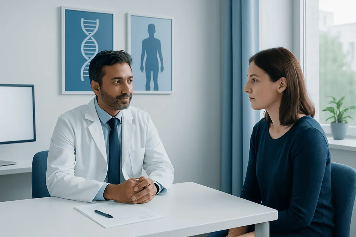 Doctor consulting with a patient in a medical office with DNA and human body diagrams on the wall.