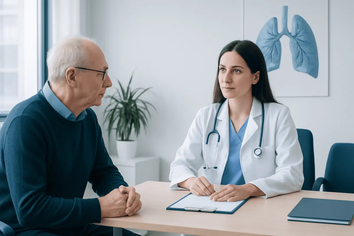 Doctor consulting with an elderly male patient in a medical office.