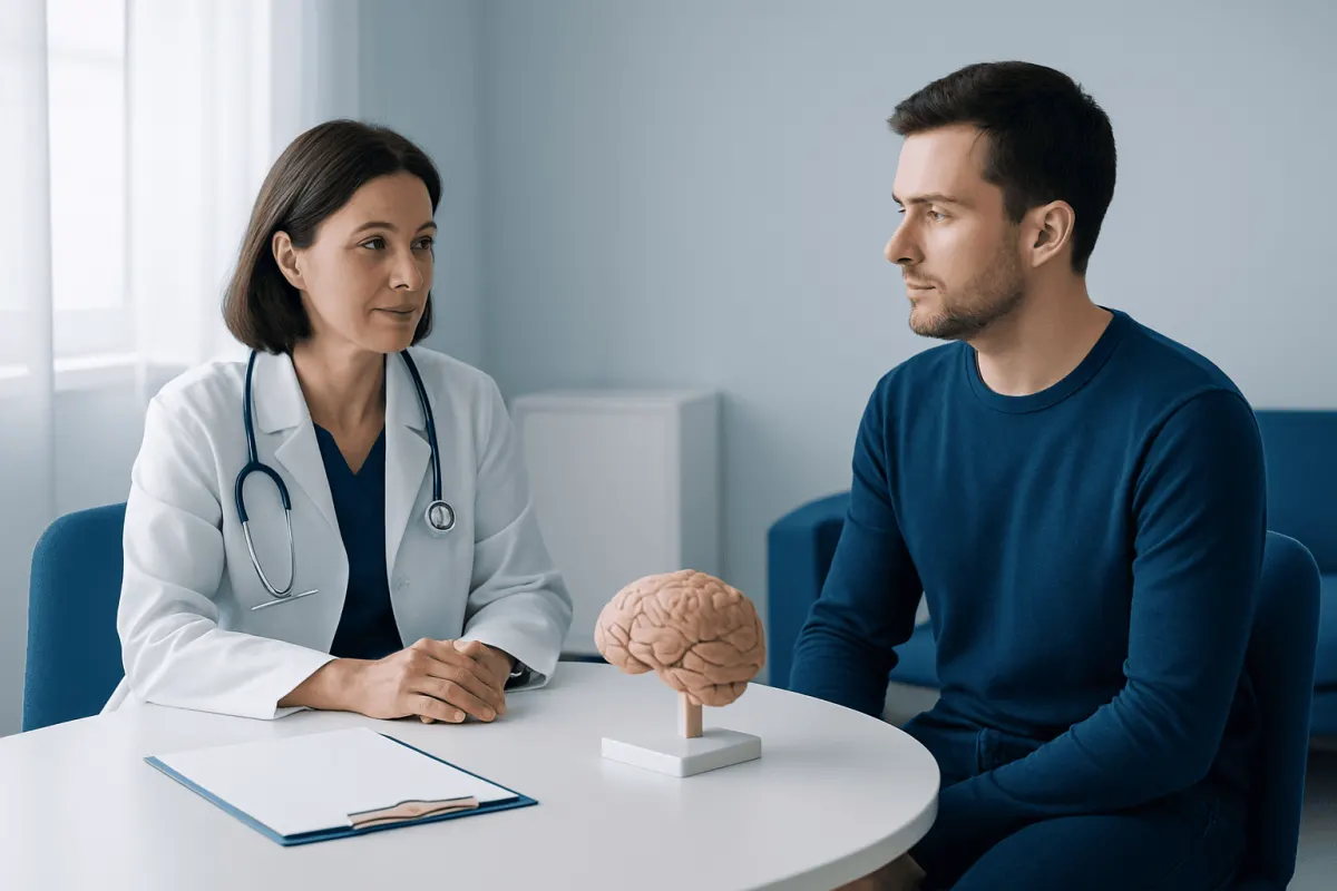 Doctor explaining brain health to patient in a consultation room.