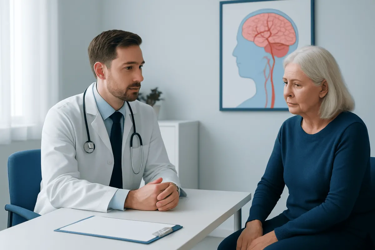 Doctor consulting with an elderly woman about stroke risk factors.