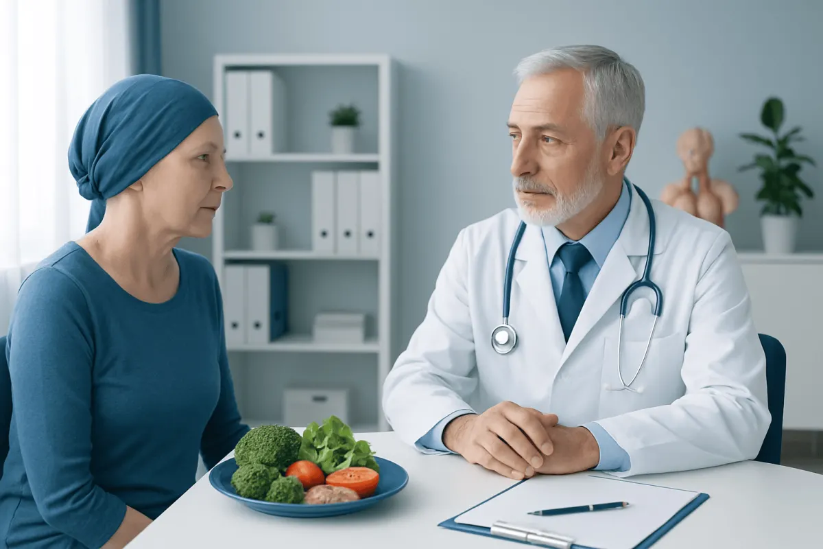 Doctor consulting a patient about healthy food choices for cancer patients.