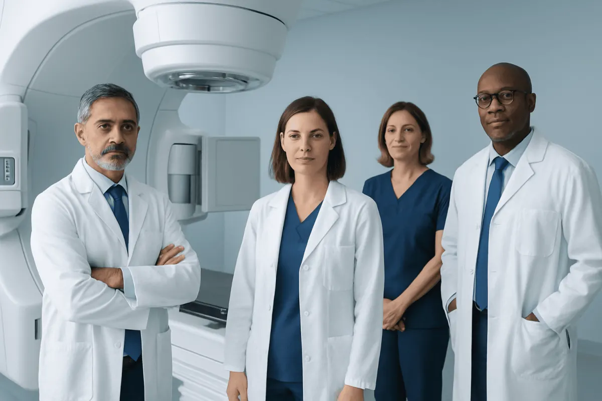 Medical team in a hospital radiology department with advanced imaging equipment.
