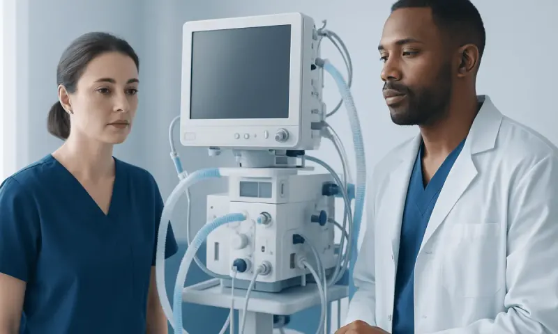 Medical professionals monitoring patient with ventilator in hospital.