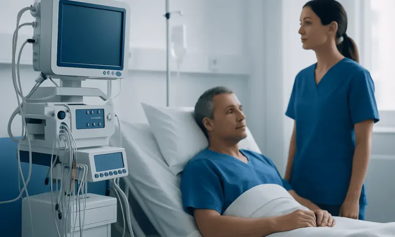 Hospital patient with medical staff in a clinical setting.