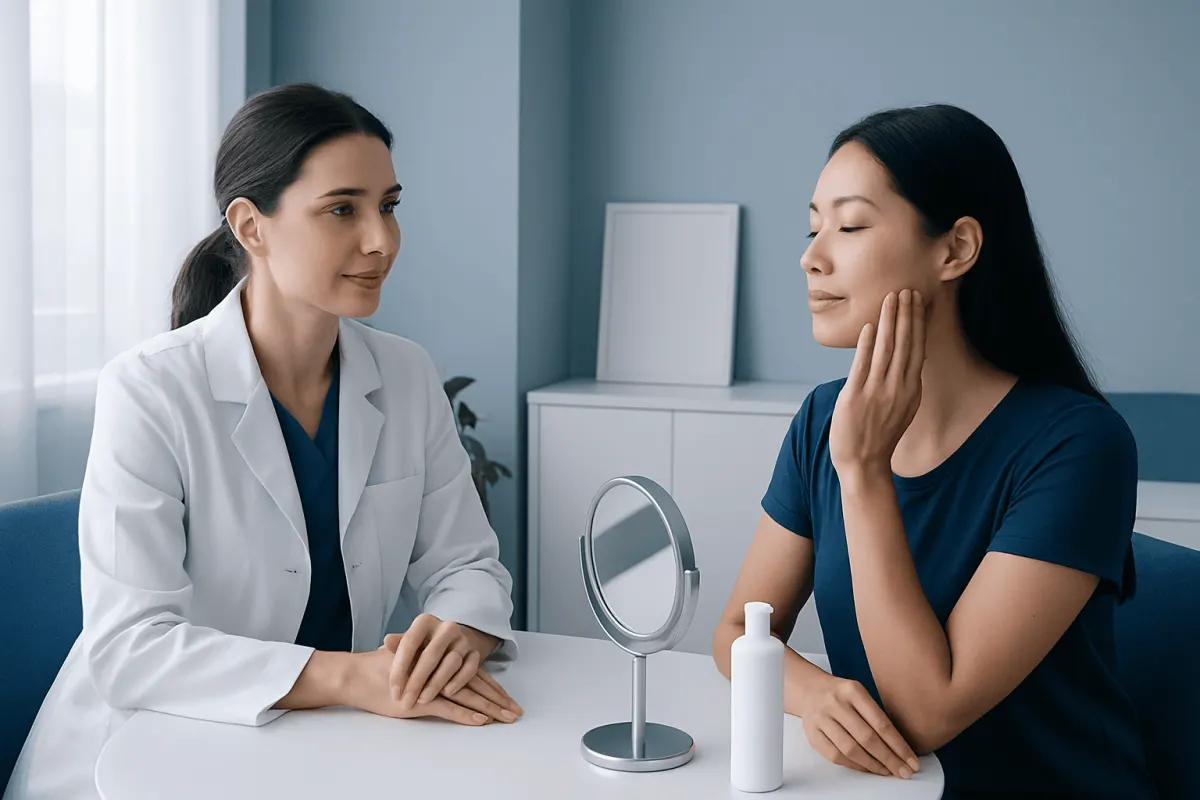 Dermatologist consulting with patient about skincare routine.