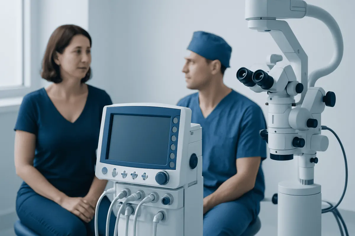 Doctor and patient in consultation with medical equipment in clinic.