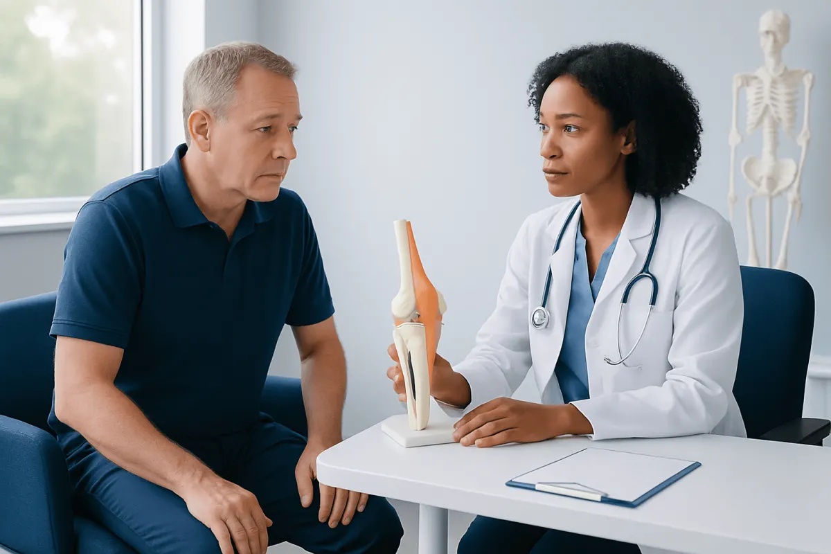 Doctor explaining knee anatomy to a patient in a consultation room.