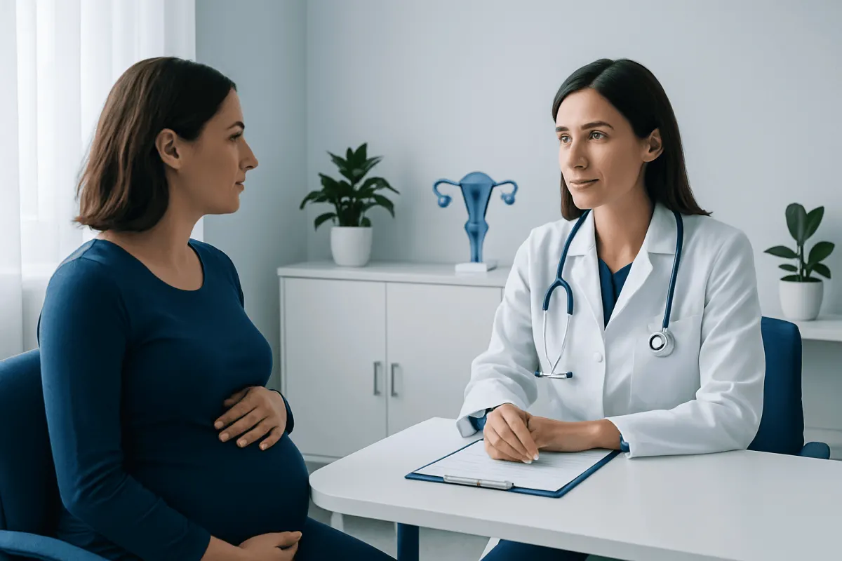 Pregnant woman consulting with OB-GYN doctor in clinic.