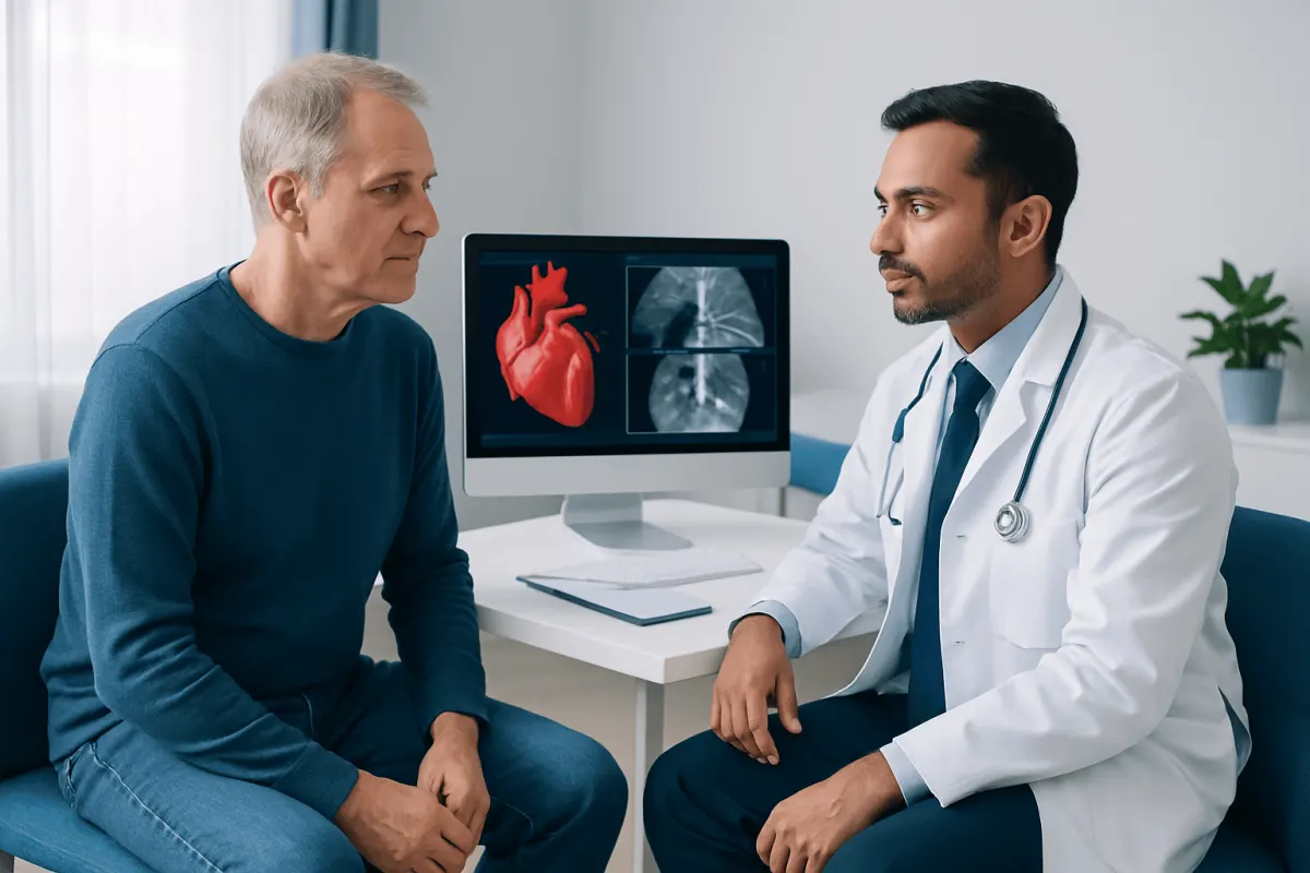 Doctor explaining cardiac scan results to patient in clinic.