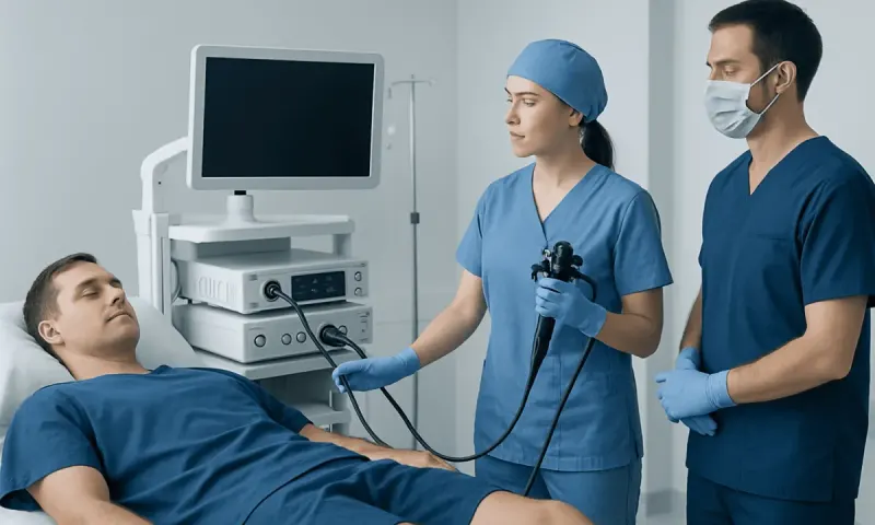Medical professionals perform cystoscopy on a patient in a hospital setting.