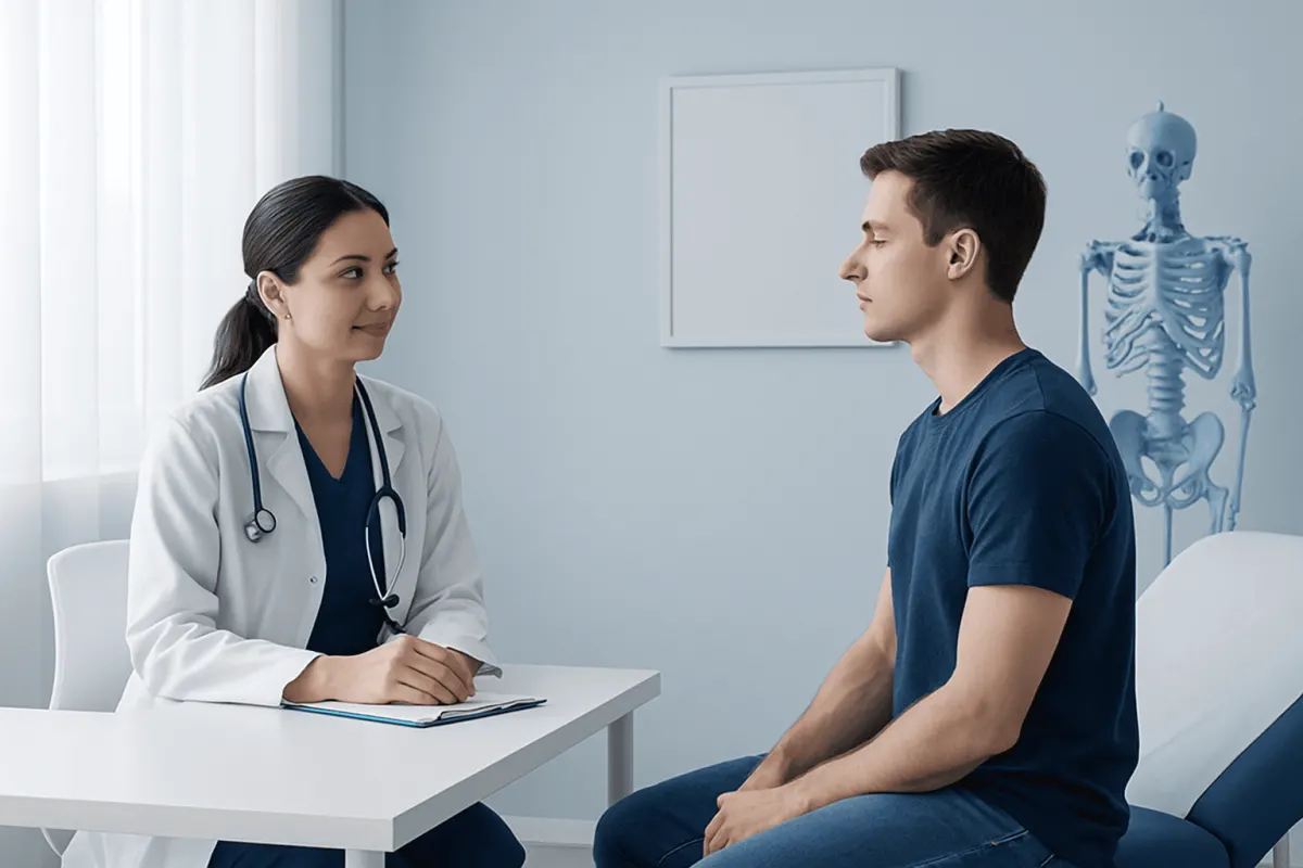 Doctor consulting patient about neck pain and posture correction.