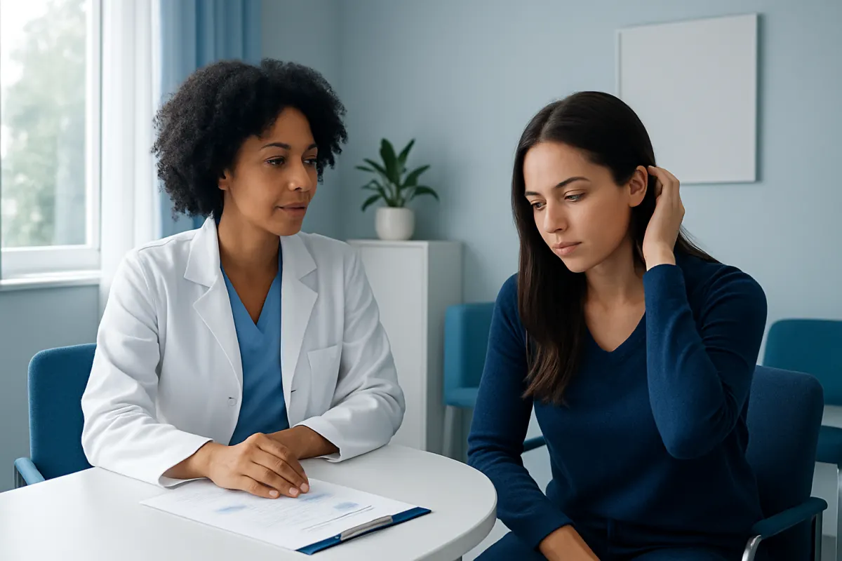 Doctor consulting with a patient about hair health in a clinic setting.