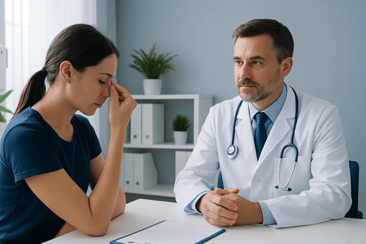 Doctor consulting with a woman about nosebleed concerns in a clinical setting.