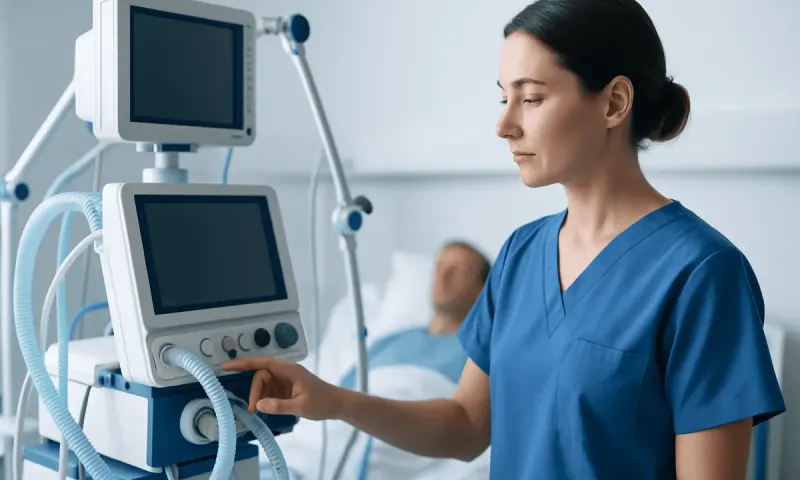 Healthcare professional monitoring patient in hospital ICU with ventilator.