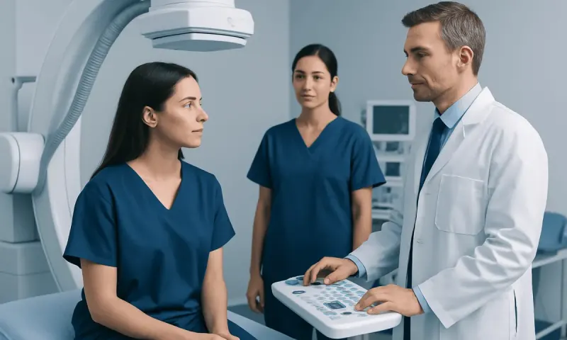 Medical team consulting with patient in hospital setting.