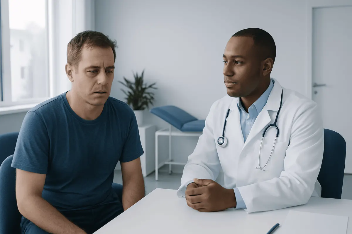 Doctor consulting with a patient about diaphoresis and diabetes symptoms.