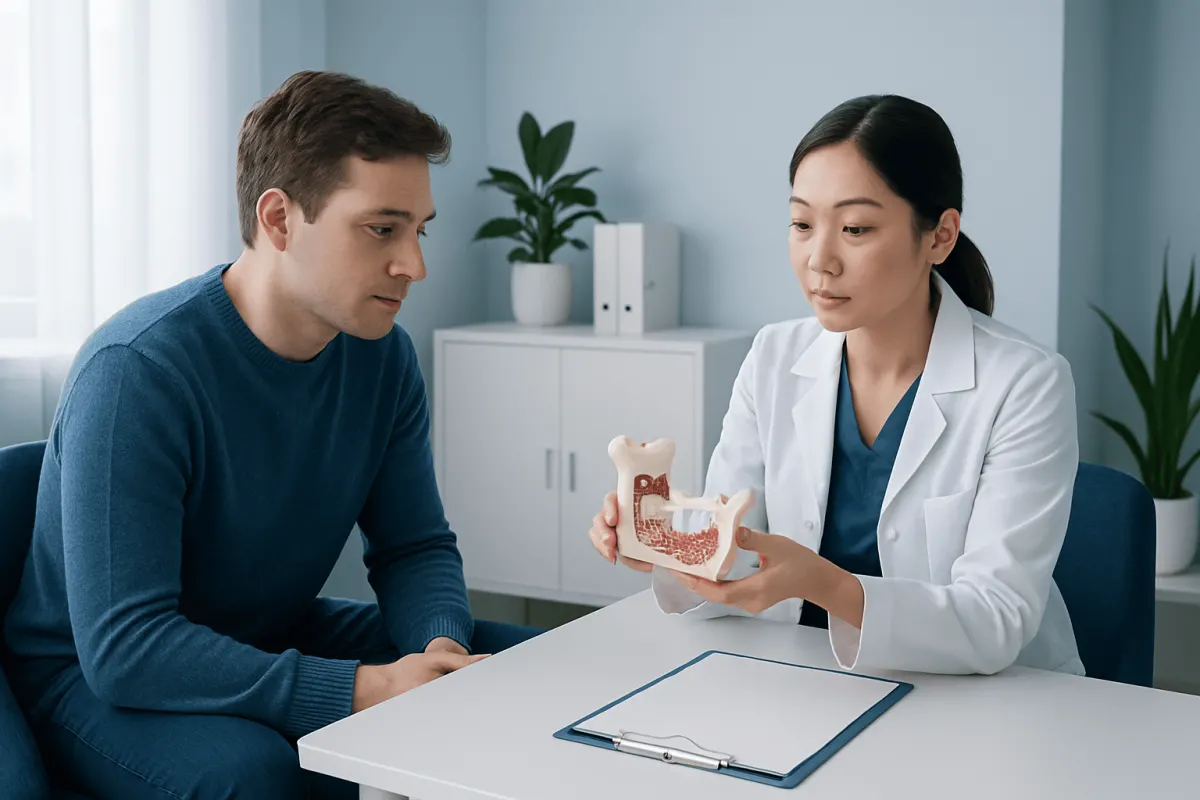 Dentist explaining dental bone graft procedure to patient with model.