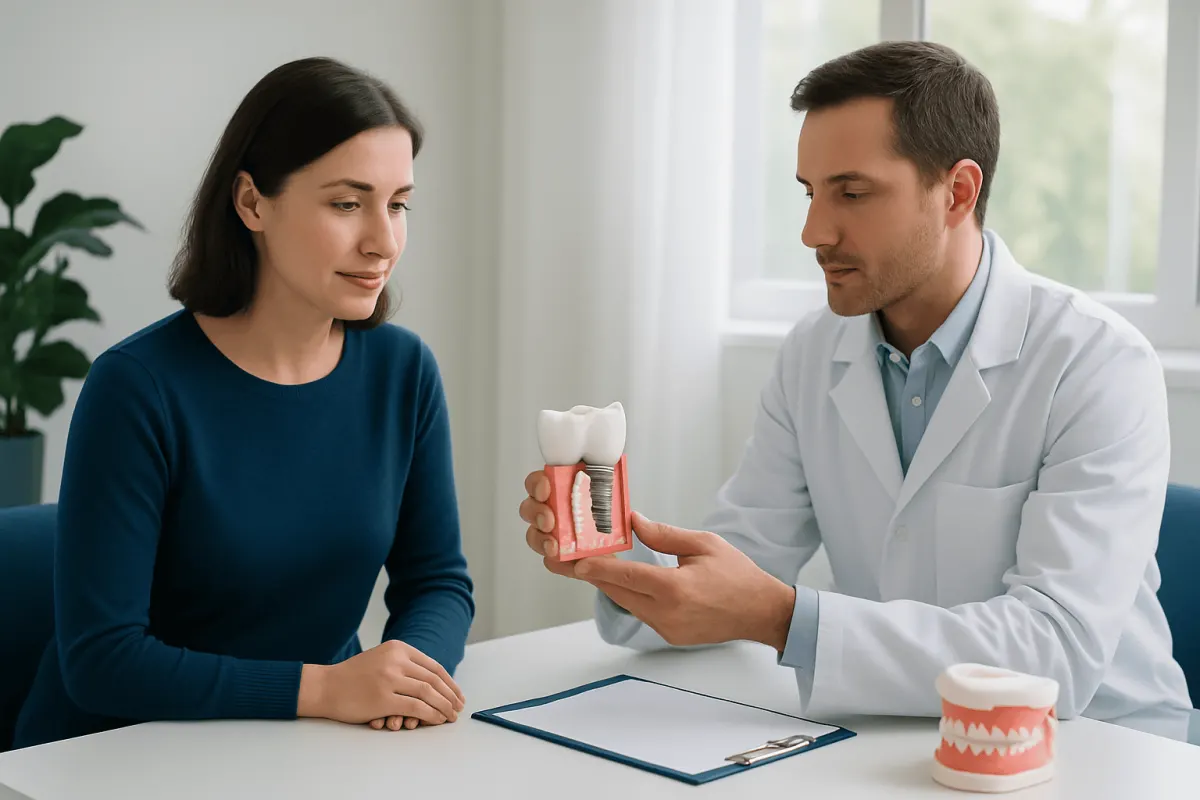 Dentist explaining dental implant procedure to patient with model of teeth.