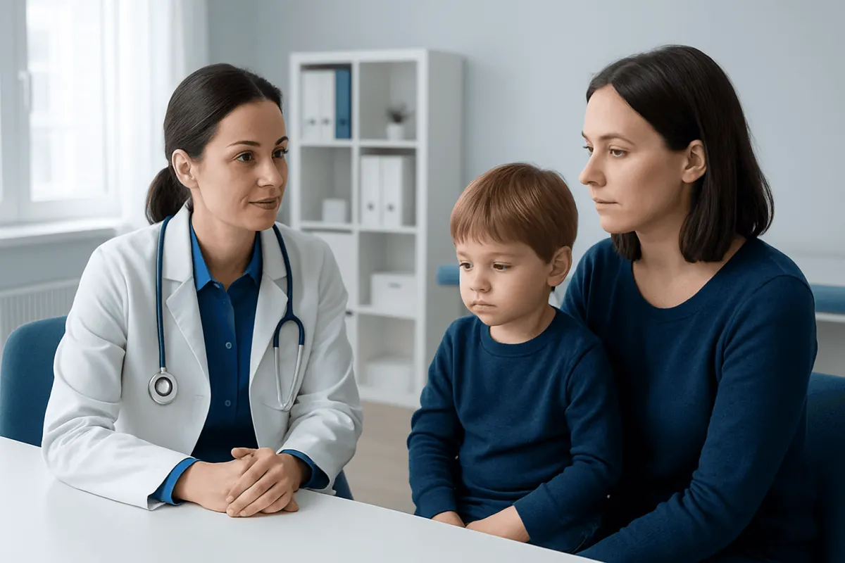 Doctor consulting with mother and child about autism symptoms in a clinical setting.