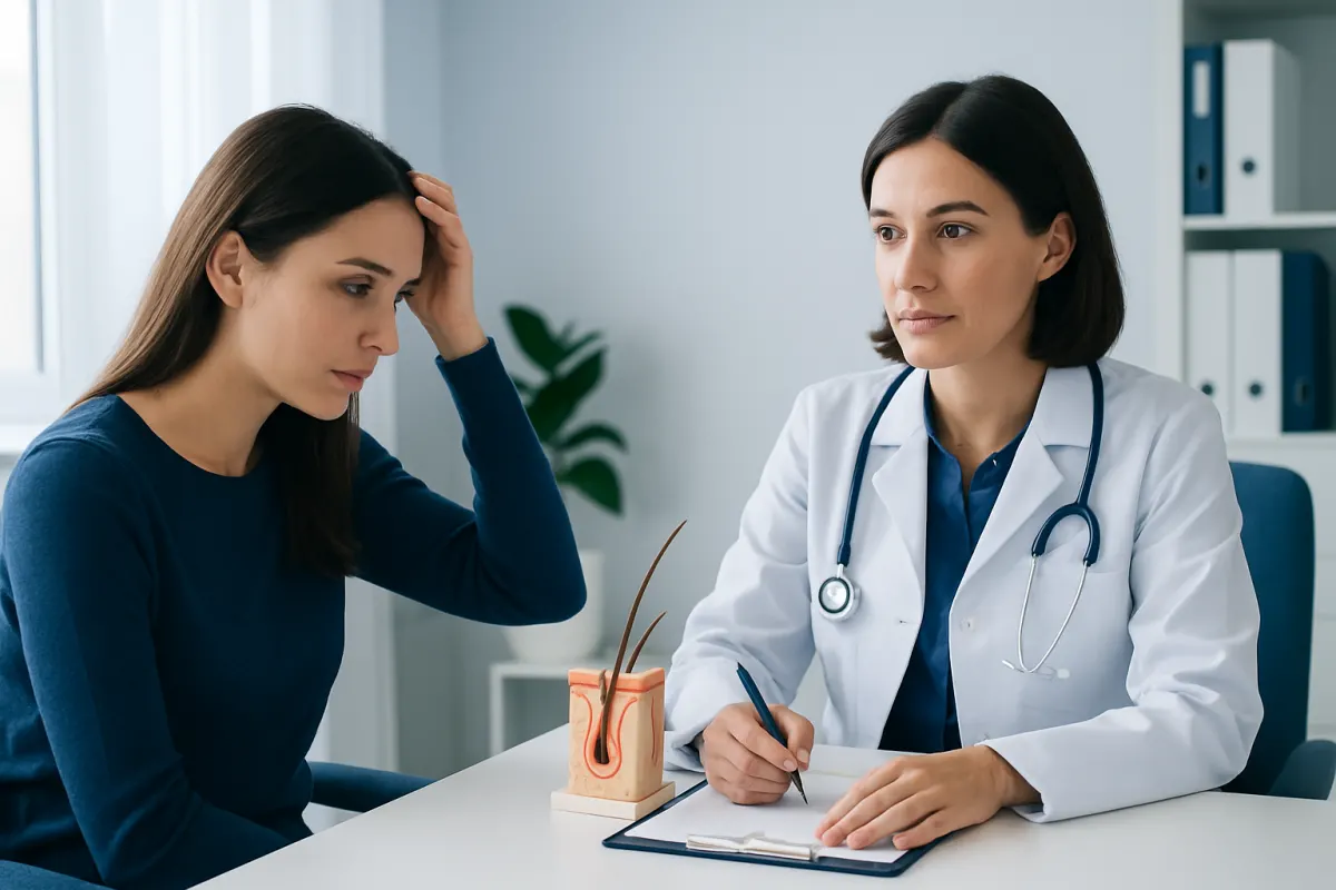 Doctor consulting with a woman about hair loss treatment options.