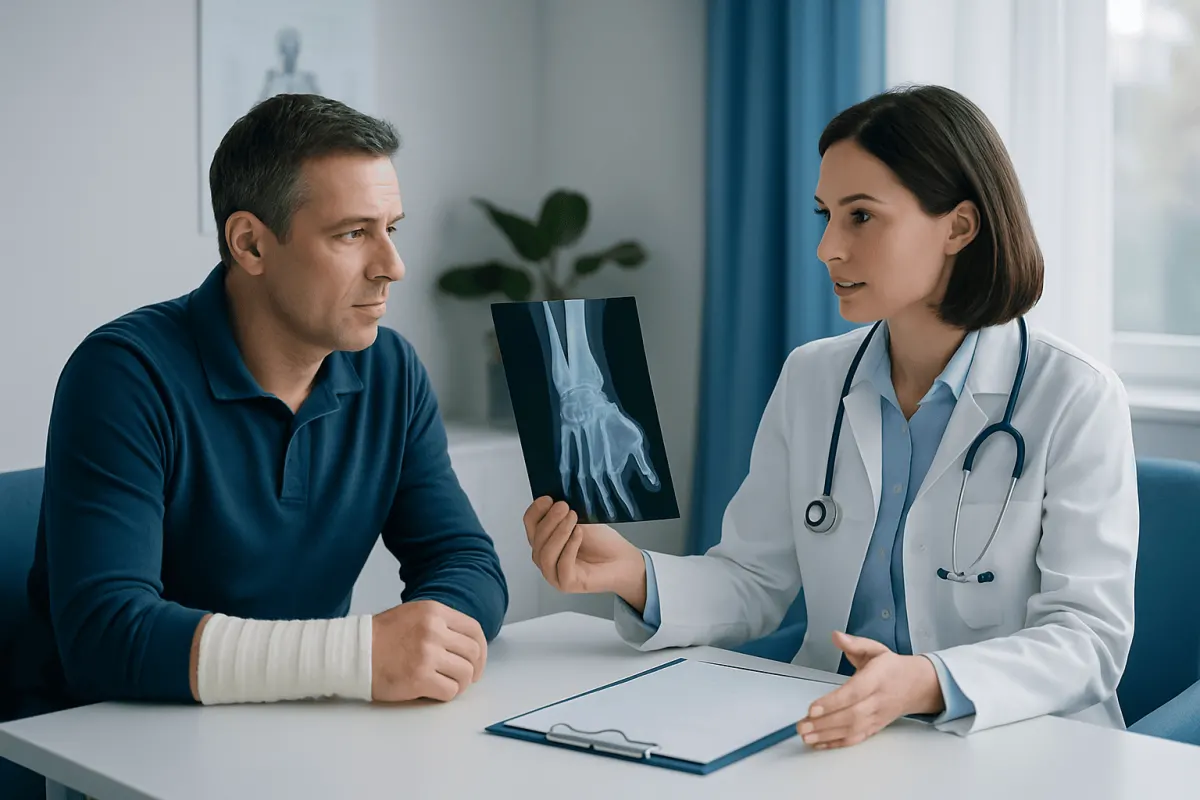 Doctor explains broken wrist X-ray to patient in consultation room.