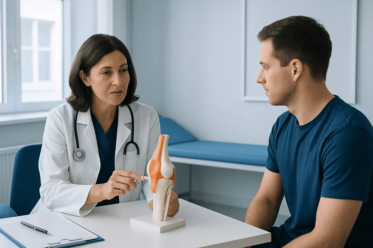 Doctor explaining knee anatomy to patient during consultation at Acibadem Hospital.