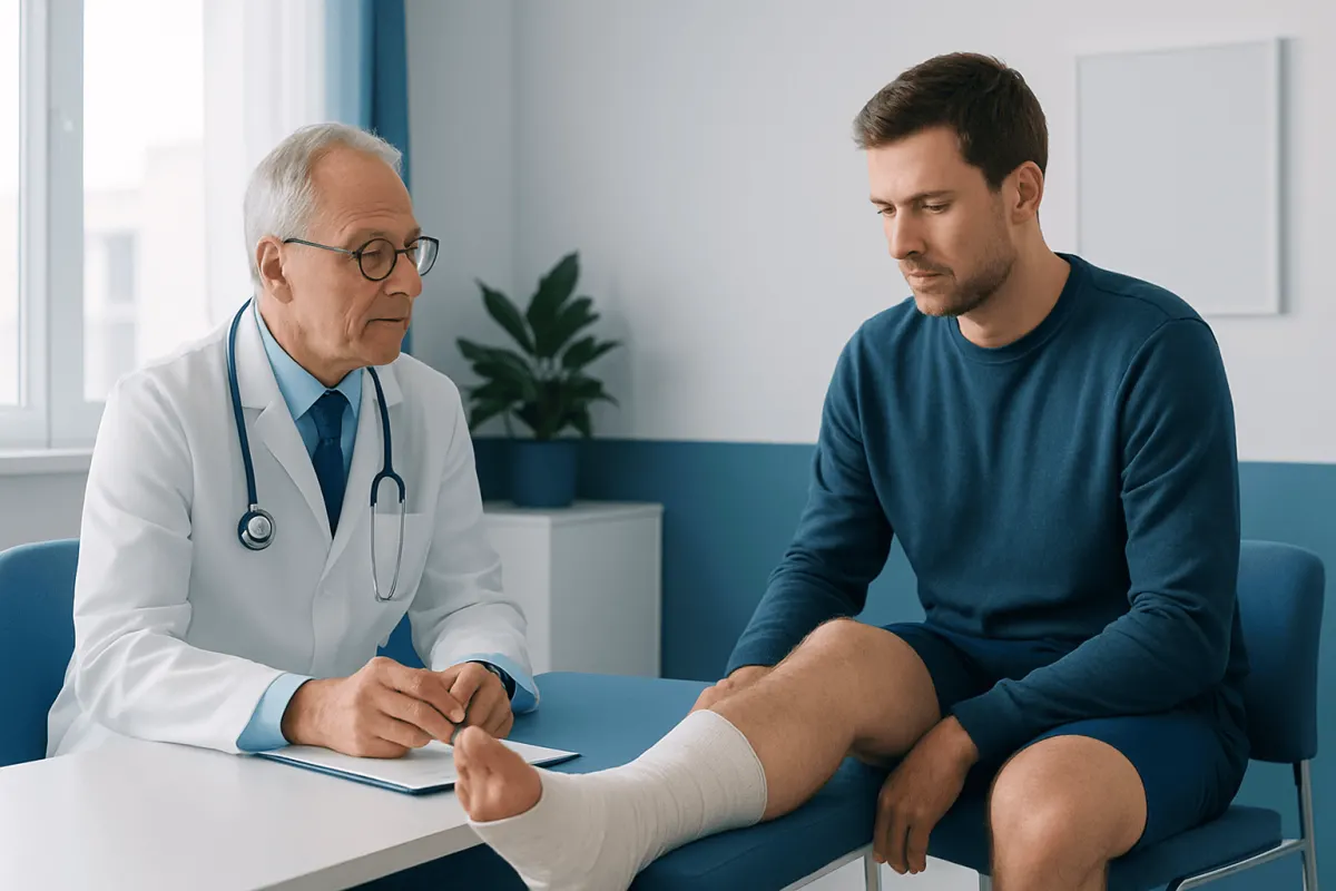 Doctor examining patient's ankle in a medical consultation room.