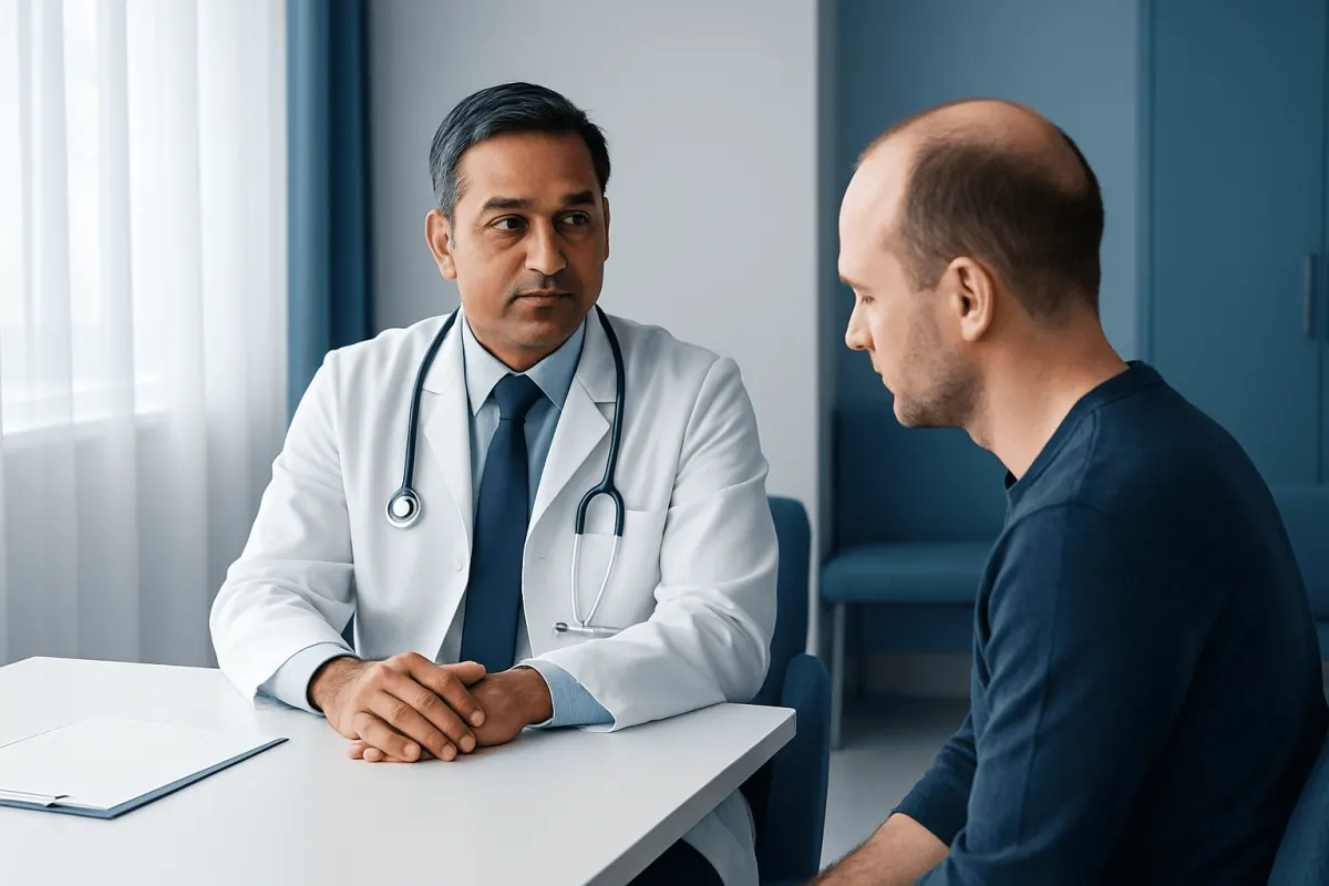Doctor consulting with male patient in a medical office setting.