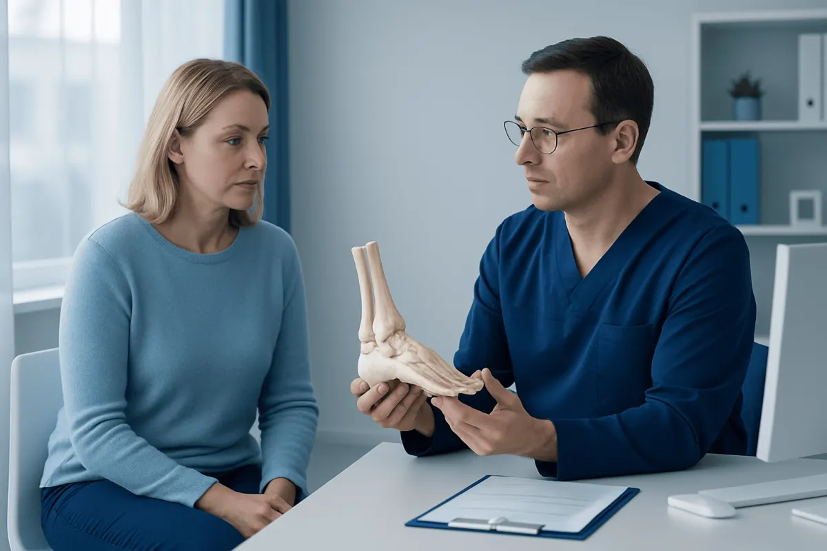 Doctor explaining Charcot foot treatment to patient with ankle model.