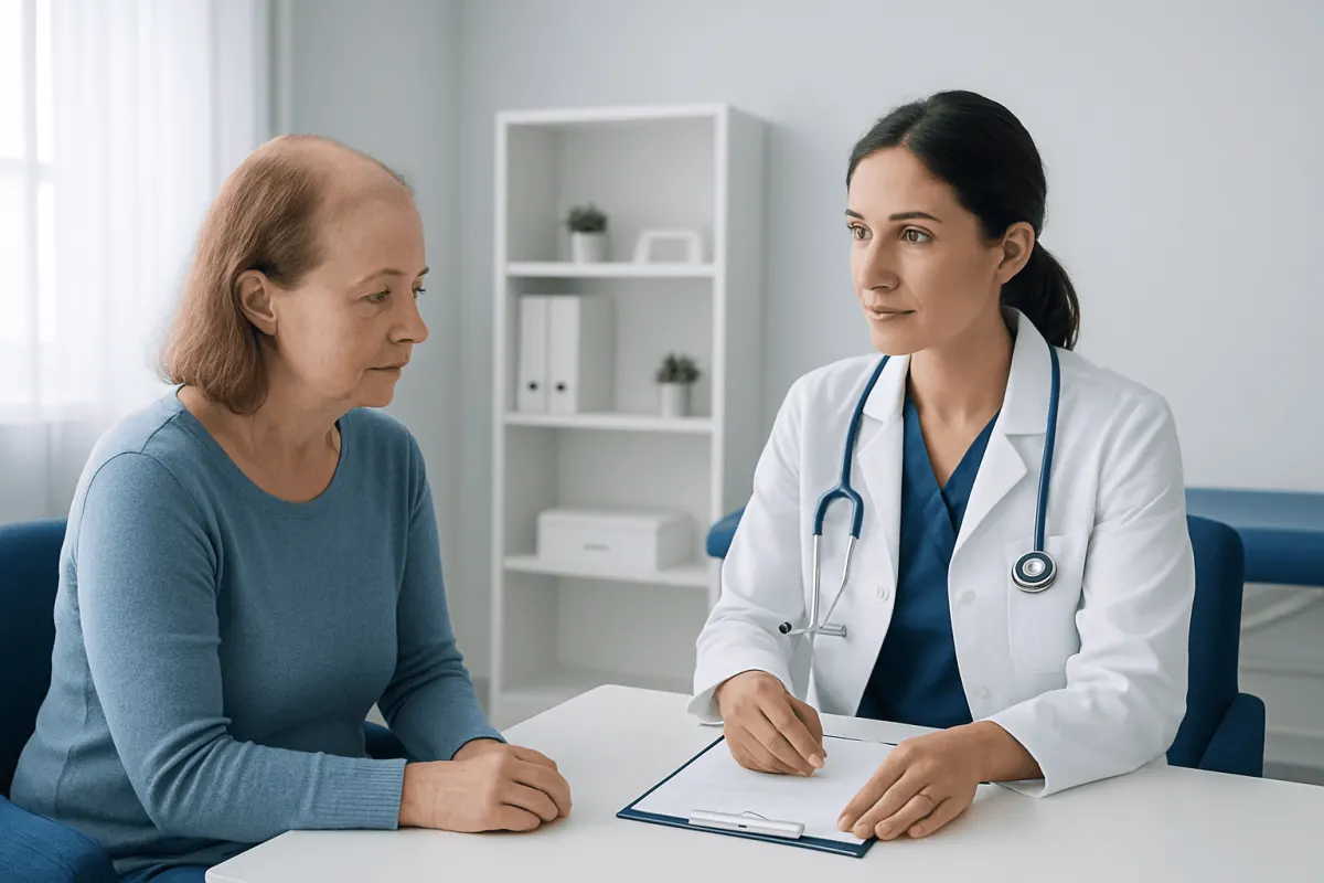 Doctor consulting with a female patient in a modern clinic setting.