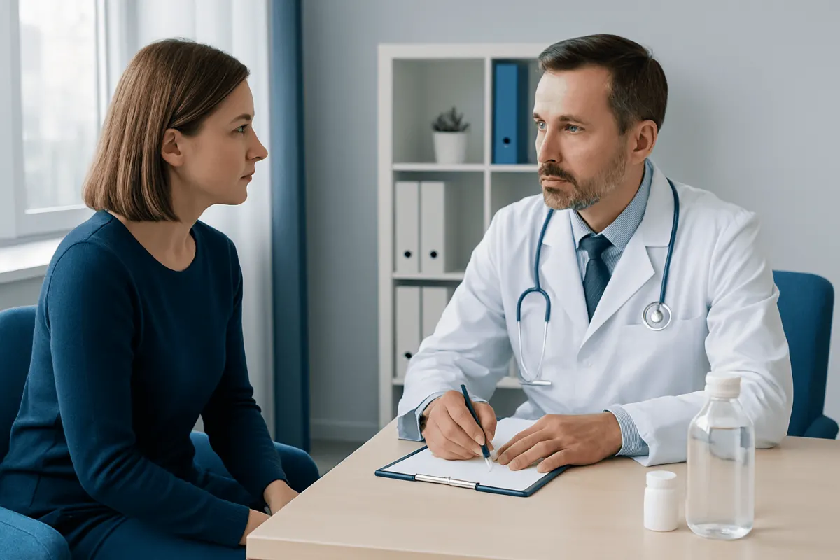 Doctor consulting with a female patient in a medical office.