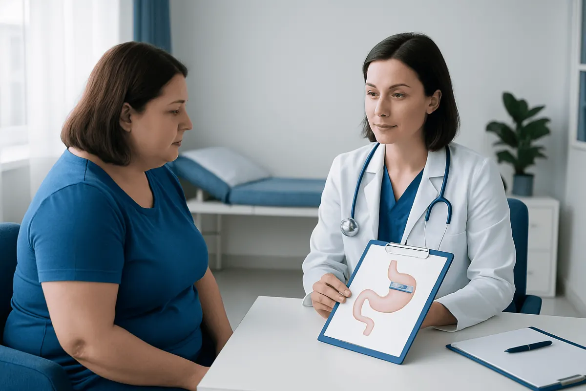 Doctor explaining gastric banding to patient with stomach diagram.