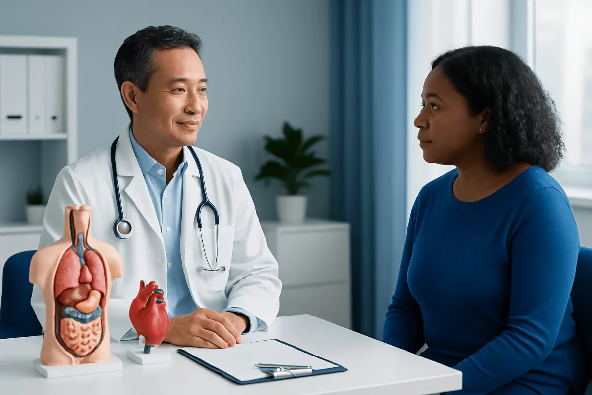 Doctor consulting a patient about digestive health with anatomical models.