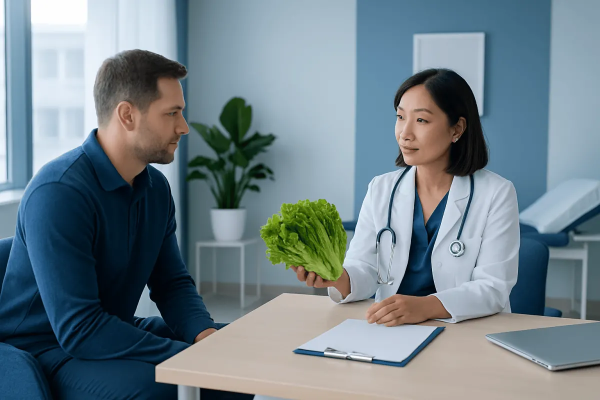 Doctor explaining benefits of lettuce to patient in consultation room.