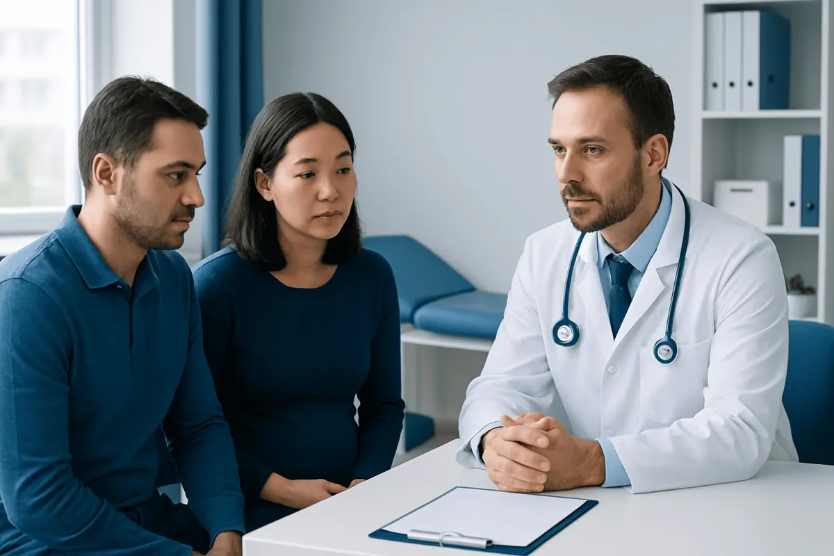 Doctor consulting with a couple about fertility options at Acibadem Hospital.
