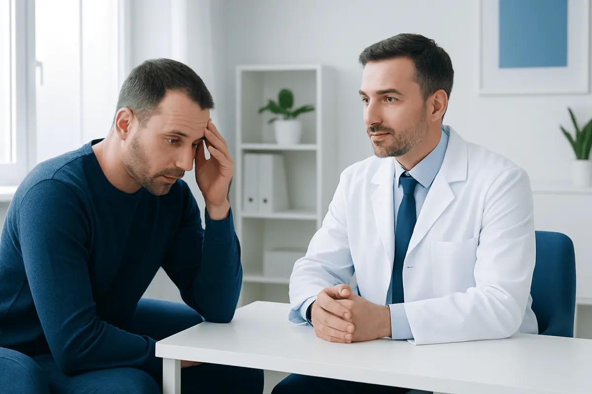 Doctor consulting with a patient about hair loss and DHT inhibitors.