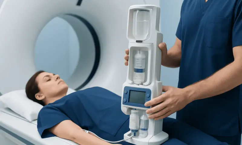 Medical professional prepares iodine injection for patient in hospital setting.